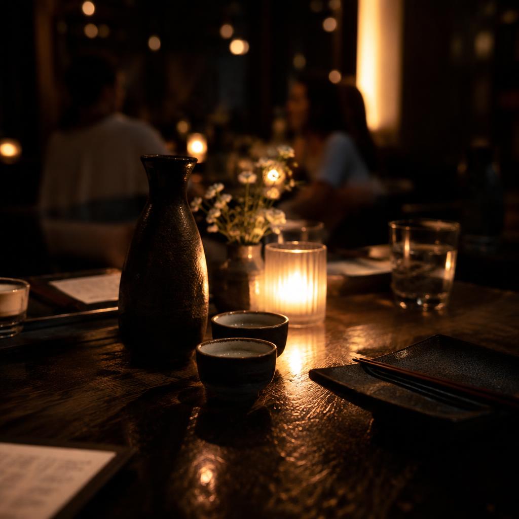Gedeckter Tisch mit Sake bei Kerzenlicht