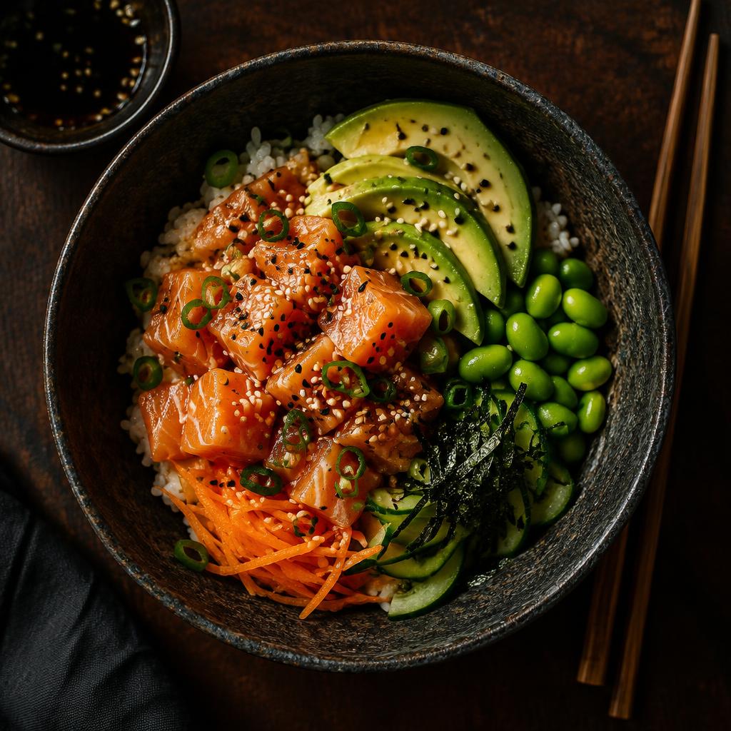 Bowl mit Lachs, Avocado und Edamame